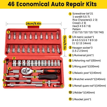 46 peças conjunto de chave soquete 1/4 Polegada unidade catraca kit ferramenta reparo do carro barra extensão e chave inglesa para ferramentas reparos automóveis e mecânicos