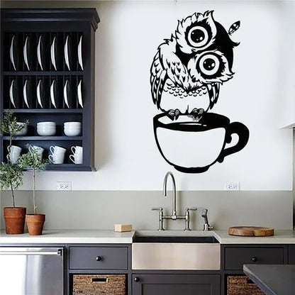 Adesivos de parede fofos de coruja de desenho animado em canecas, decalque decorativo de café para cozinha, sala de jantar, adesivos autoadesivos, decoração doméstica