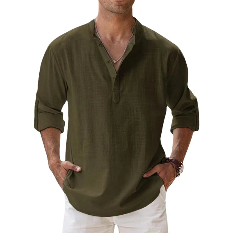 Camisas de linho de algodão para homens camisas casuais leves manga longa henley praia