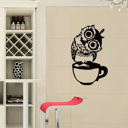 Adesivos de parede fofos de coruja de desenho animado em canecas, decalque decorativo de café para cozinha, sala de jantar, adesivos autoadesivos, decoração doméstica