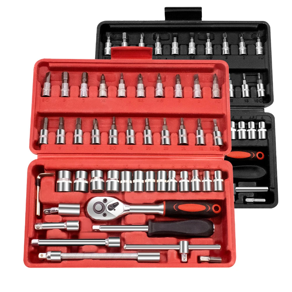 46 peças conjunto de chave soquete 1/4 Polegada unidade catraca kit ferramenta reparo do carro barra extensão e chave inglesa para ferramentas reparos automóveis e mecânicos