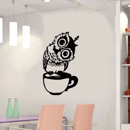 Adesivos de parede fofos de coruja de desenho animado em canecas, decalque decorativo de café para cozinha, sala de jantar, adesivos autoadesivos, decoração doméstica