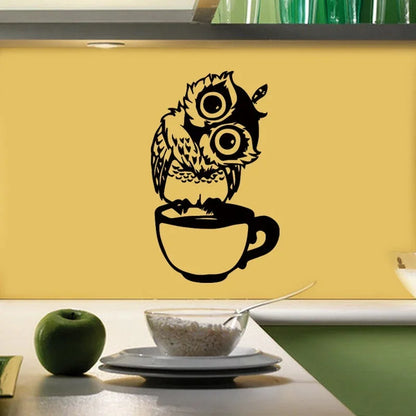 Adesivos de parede fofos de coruja de desenho animado em canecas, decalque decorativo de café para cozinha, sala de jantar, adesivos autoadesivos, decoração doméstica