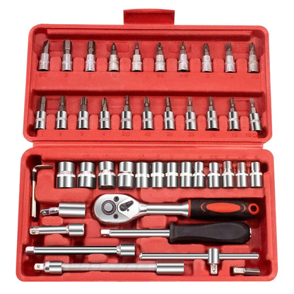 46 peças conjunto de chave soquete 1/4 Polegada unidade catraca kit ferramenta reparo do carro barra extensão e chave inglesa para ferramentas reparos automóveis e mecânicos