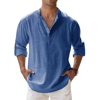 Camisas de linho de algodão para homens camisas casuais leves manga longa henley praia